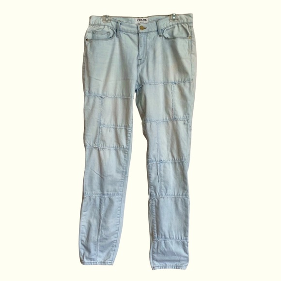 Frame Denim Denim - FRAME Le Skinny de Jeanne Light Wash Patchwork Jeans Sz 30 Denim Frayed Cotton